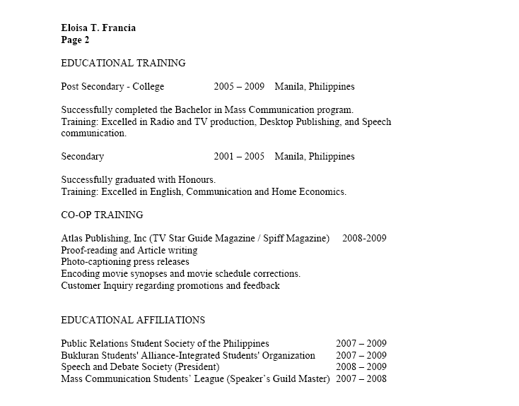 Sample format of resume in the philippines