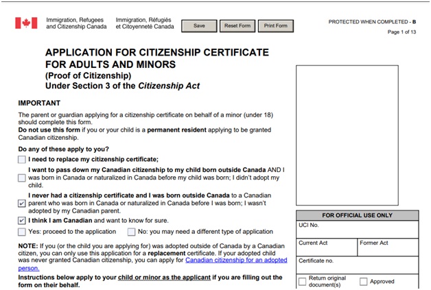 Citizenship Certificate Application Form Page 1 Top