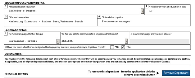 IMM 0008 General Application Form for Canada for a Sponsored Spouse Page 3: Education, Occupation, Language and Dependants