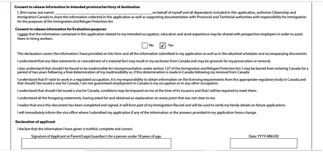 IMM 0008 General Application Form for Canada for a Sponsored Spouse Page 5: Consent and Declaration