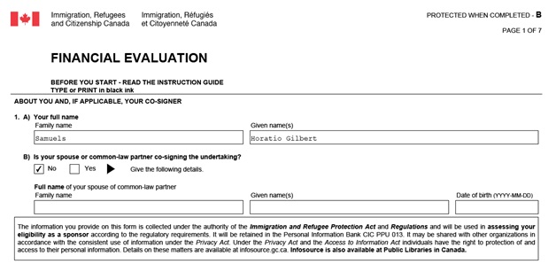 IMM 1283 Financial Evaluation page 1 top: information about the sponsor