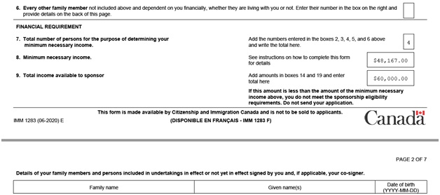 IMM 1283 Financial Evaluation page 1 bottom: financial requirement