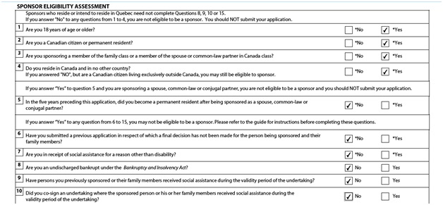 Application to Sponsor, Sponsorship Agreement and Undertaking Page 2: Sponsor Eligibility Assessment Part 1