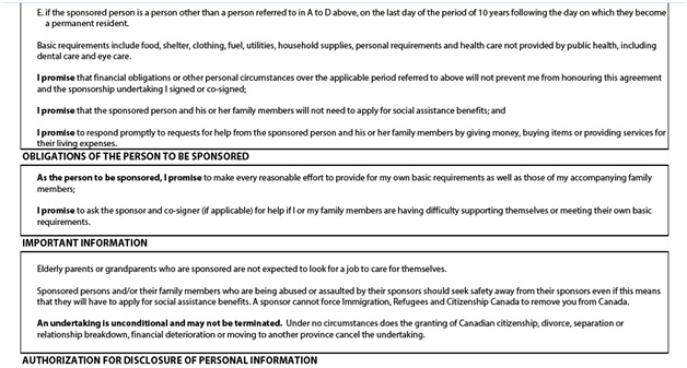 Application to Sponsor, Sponsorship Agreement and Undertaking Page 6: Obligations of the Sponsor part 2, Obligations of the pesron to be sponsored, authorization for disclosure