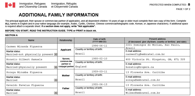 IMM 5406 Additional Family Information Form page 1 top applicant, sponsor, parental information
