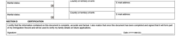 IMM 5406 Additional Family Information Form page 1 bottom certification