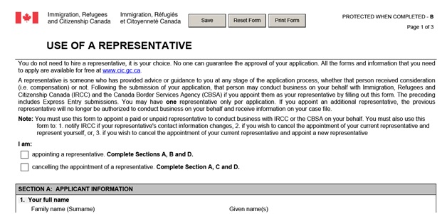 IMM 5476 Use of Representative page 1 top: explanation of form