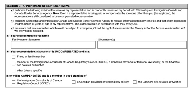 IMM 5476 Use of Representative page 1 bottom Part B: representative's information