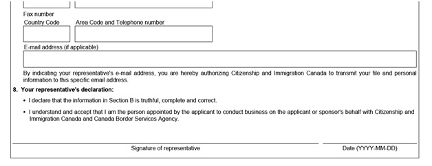 IMM 5476 Use of Representative page 2 middle: representative's declaration