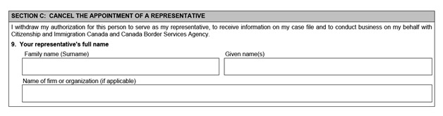 IMM 5476 Use of Representative page 2 bottom Part C: cancelling your representative