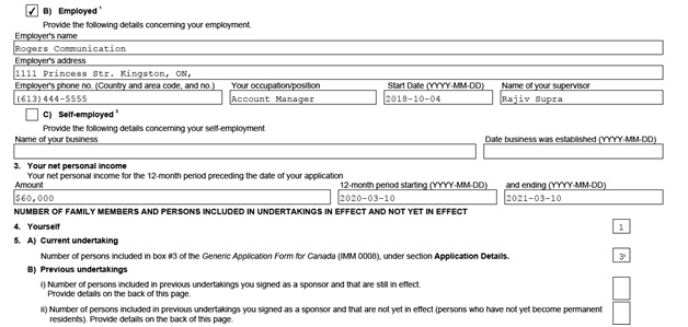 IMM 5481 Sponsorship Evaluation Page 1 middle: sponsor's employment information and number of people in the family