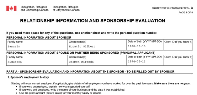 IMM 5532 Relationship Information and Sponsorship Evaluation Page 1 Top: Personal Information about the couple