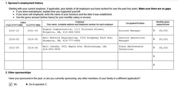 IMM 5532 Relationship Information and Sponsorship Evaluation Page 1 Middle: Sponsor's Employment History