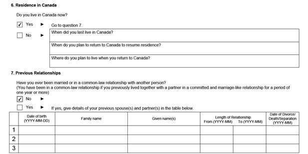 IMM 5532 Relationship Information and Sponsorship Evaluation Page 2 Bottom: Sponsor's Residence in Canada and Previous Relationships