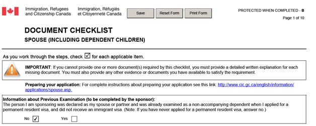 IMM 5533 Document Checklist for Sponsoring a Spouse page 1 top preliminary question