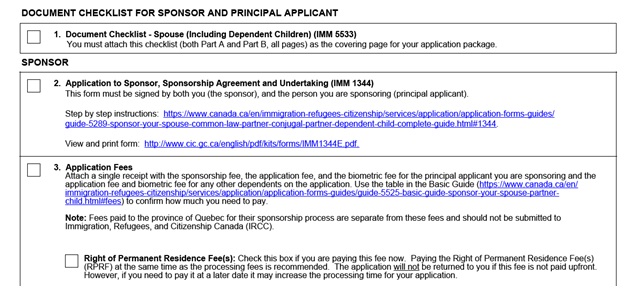 IMM 5533 Document Checklist for Sponsoring a Spouse page 1 middle Part A: Forms Required for the Sponsor