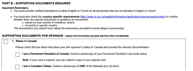 IMM 5533 Document Checklist for Sponsoring a Spouse page 4 middle Part B: Documents Required from the Sponsor