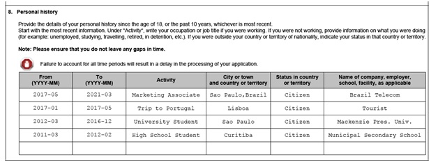 IMM 5669 Schedule A Background Declaration page 3 middle personal history