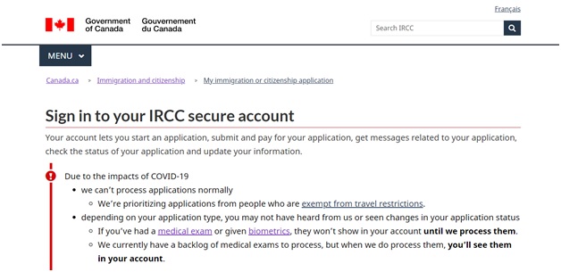 IRCC Account Sign in Page