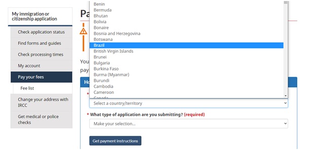 Choose which country your spouse/partner lives in to pay the sponsorship fees