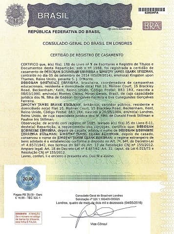 Sample Brazilian marriage certificate from http://cglondres.itamaraty.gov.br/en-us/marriage.xml