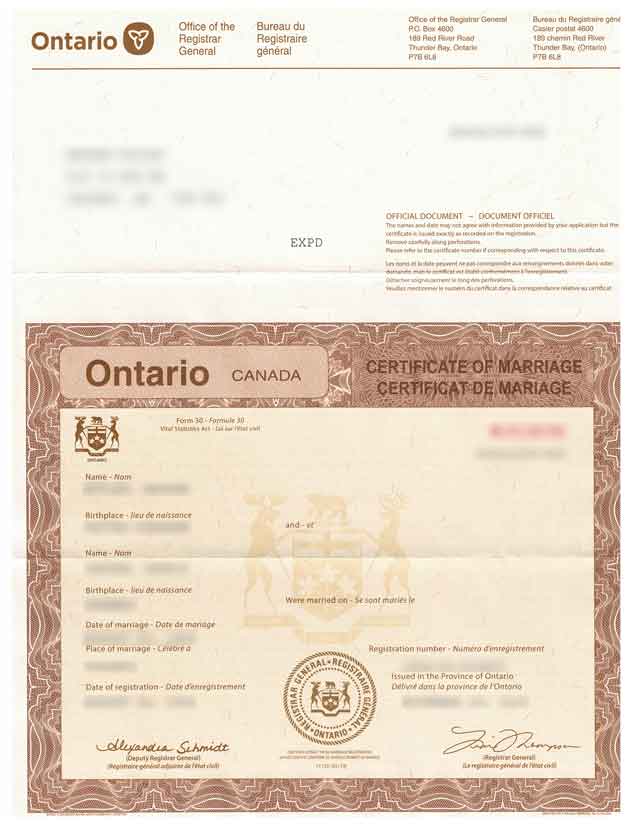 Ontario Marriage Certificate