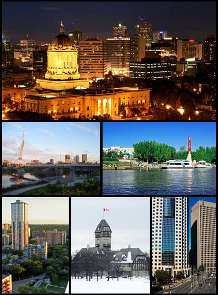 Manitoba_Lesgislature.jpg: Wpg guyThe_Forks_Winnipeg.jpg: Wpg guyRichardson_Building.jpg: Wpg guyAssiniboine_Park_Pavilion_01214.JPG: JdobbinOsborne_Village.jpg: Wpg guyWinnipeg_skyline.jpg: Markmcd [CC BY-SA 3.0 (https://creativecommons.org/licenses/by-sa/3.0)]