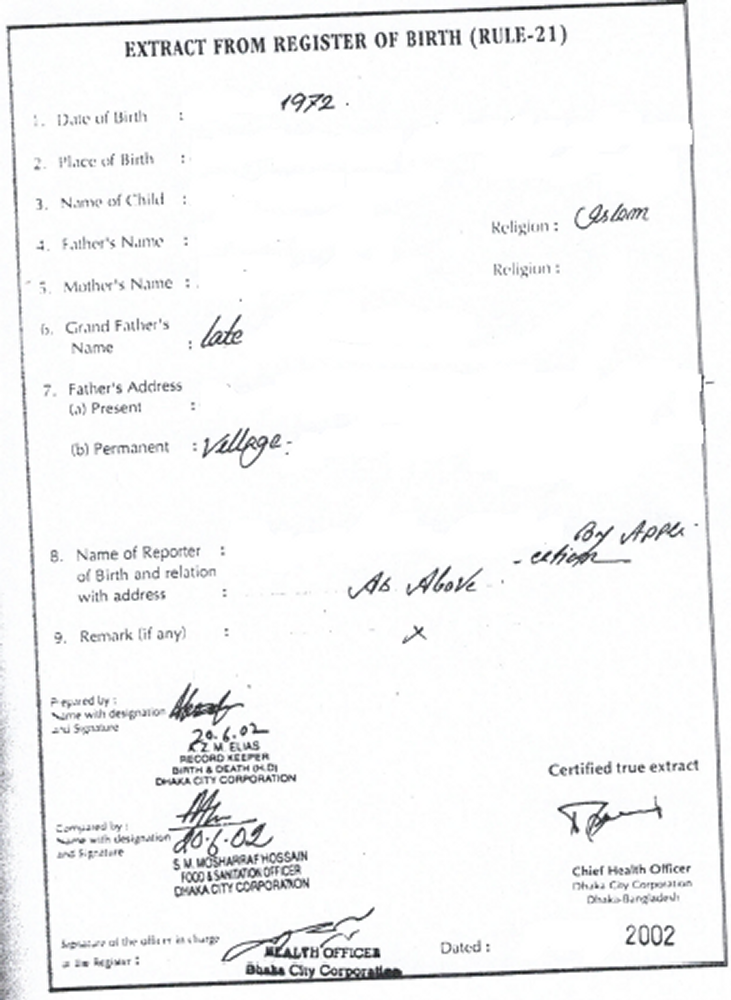 Bangladesh Extract from Register of Births