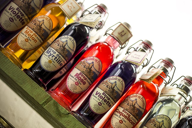 Bottles of syrup via https://pixabay.com/en/bottle-syrup-blueberry-drink-drunk-190462/