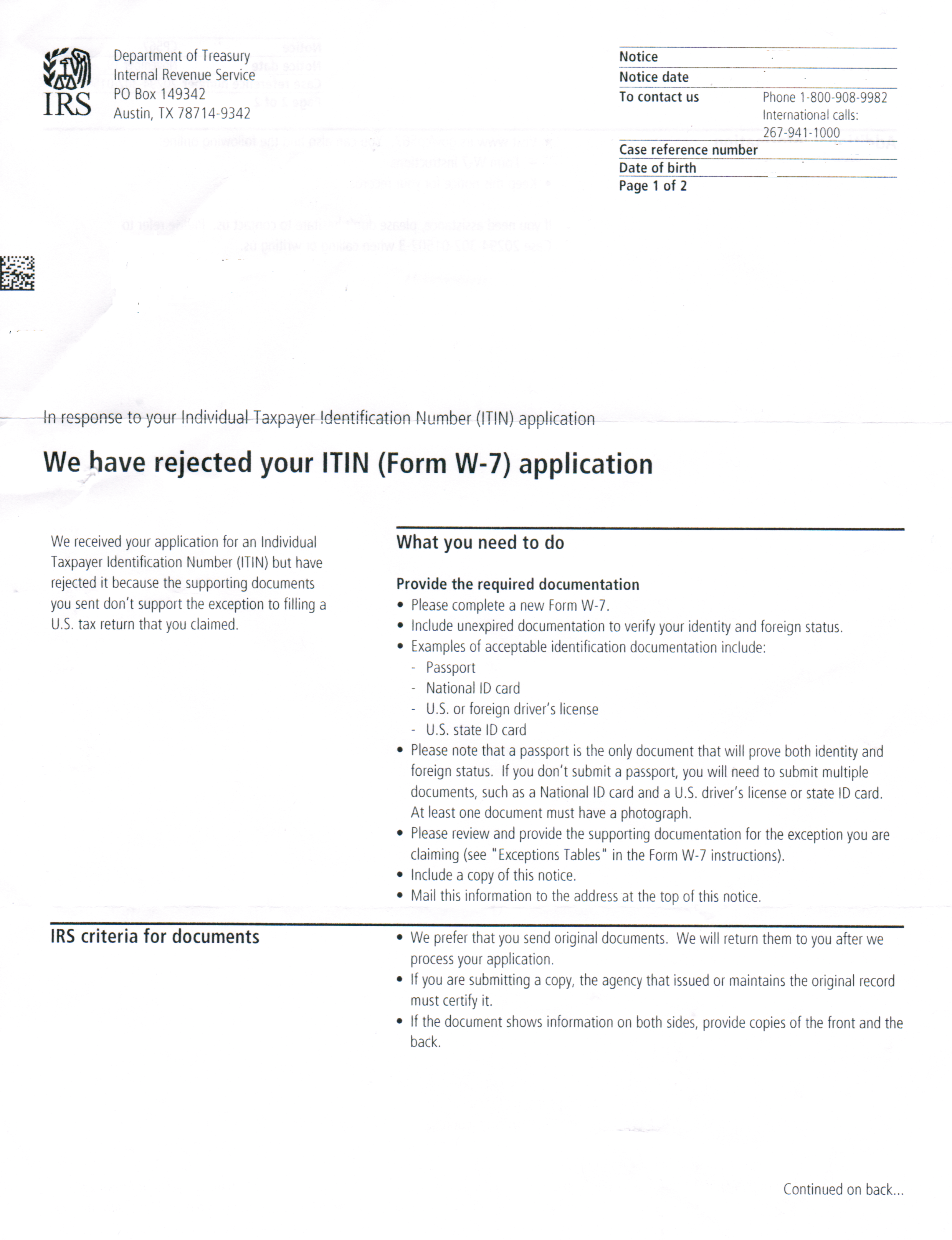 IRS ITN Rejection Letter