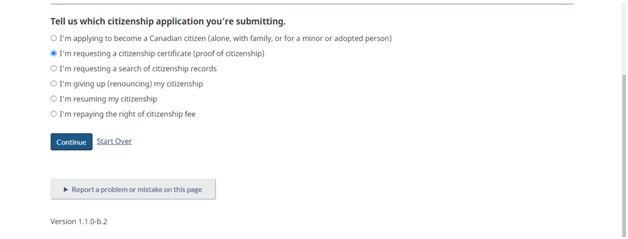 Select I'm requesting a citizenship certificate (proof of citizenship)