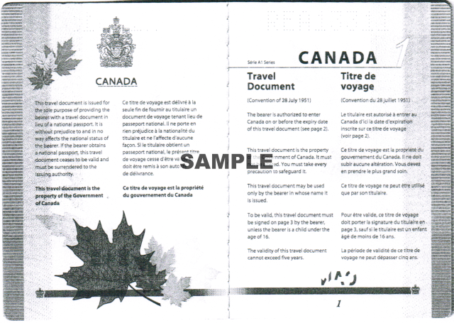 Canadian Refugee Travel Document, front pages