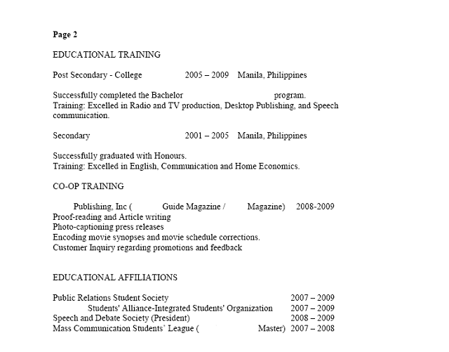 Sample Filipino Resume Page 2