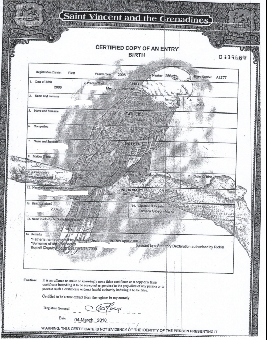 Saint Vincent Birth Record