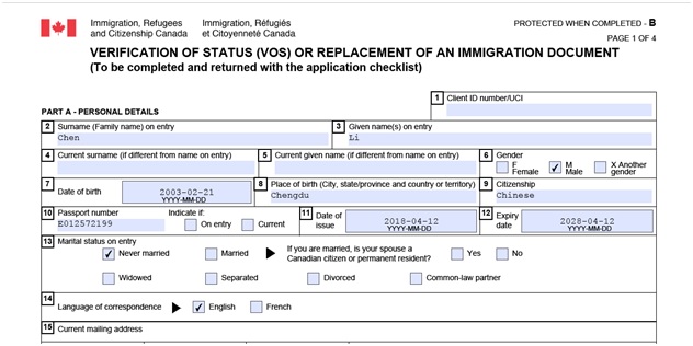 Completed VOS form