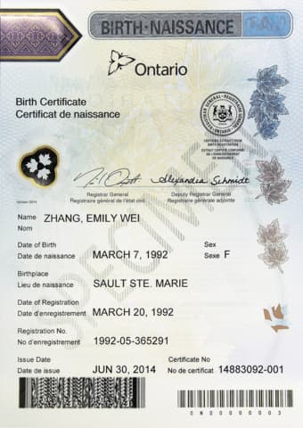 Birt Certificate by Ontario Ministry of Health and Long-Term Care, Public domain, via Wikimedia Commons
