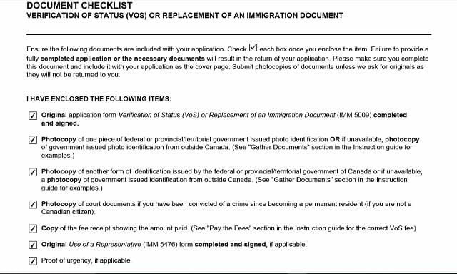 Verification of Status Document Checklist