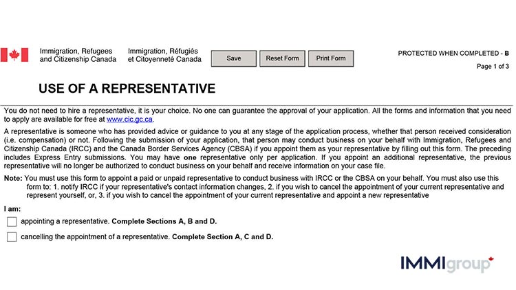 IMM 5476 use of a respresentative