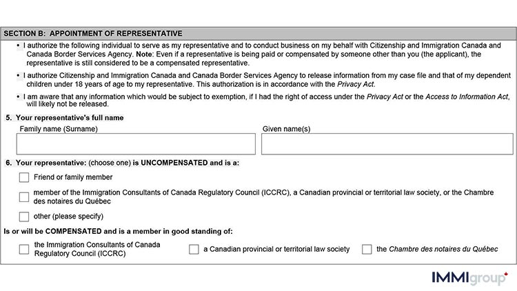 IMM 5476 appointment of representative