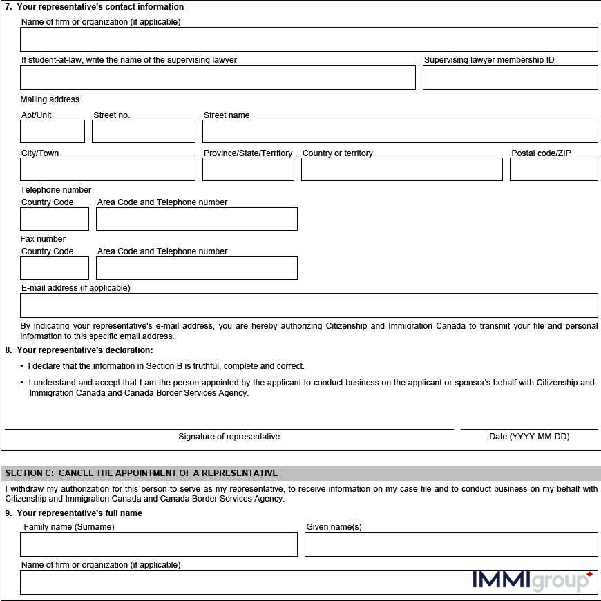 IMM 5476 representative's contact information