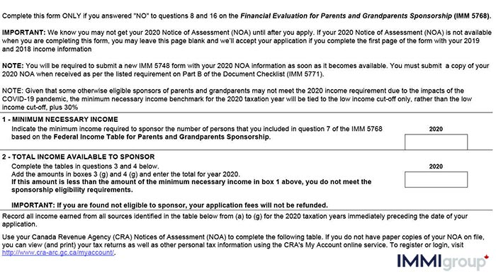 IMM 5748 proof of income