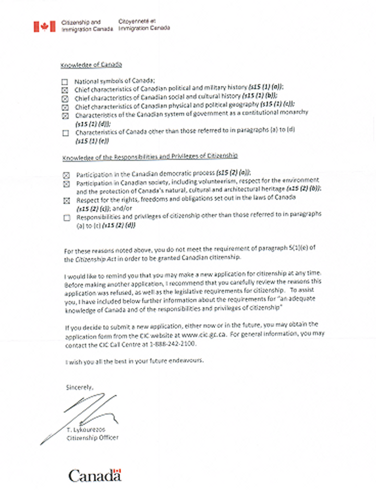 Requirements not met during the citizenship test