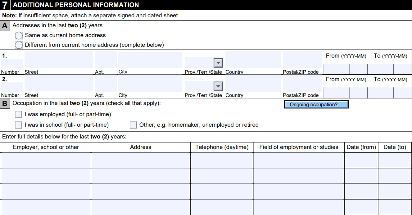 Section 7 pf PPTC 190 application. Additional Personal Information