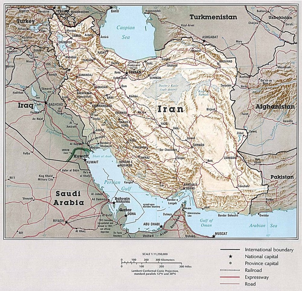 Map of Iran By These maps and charts are scanned from "Atlas of the Middle East", published in January 1993 by the U.S. Central Intelligence Agency. [Public domain], via Wikimedia Commons