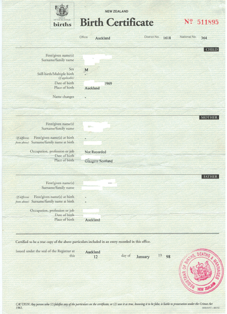New Zealand Birth Certificate
