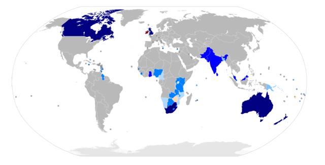 Commonwealth members by Thebainer (Stephen Bain) (Own work, derived from Image:BlankMap-World6.svg) [GFDL (https://www.gnu.org/copyleft/fdl.html) or CC-BY-SA-3.0-2.5-2.0-1.0 (https://creativecommons.org/licenses/by-sa/3.0)], via Wikimedia Commons