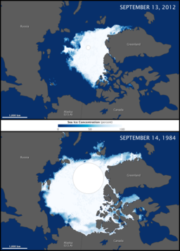 Polar Ice Melting By Assembled from NASA Earth Observatory images by Jesse Allen, using data from the Advanced Microwave Scanning Radiometer 2 AMSR-2 sensor on the Global Change Observation Mission 1st-Water (GCOM-W1) satellite. [Public domain], via Wikimedia Commons
