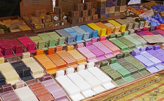 Soap via https://pixabay.com/en/flower-market-nice-soap-stand-1493186/