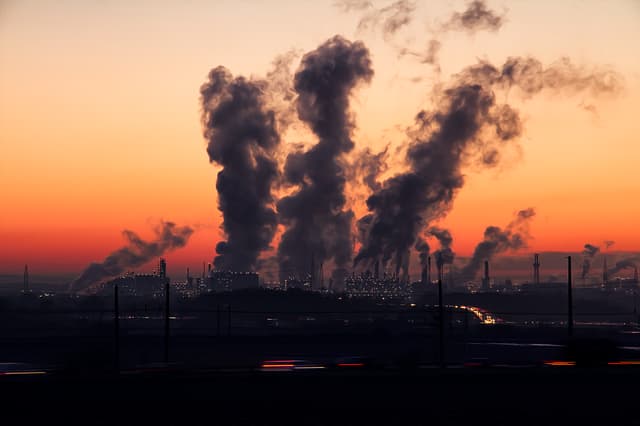 Pollution via https://pixabay.com/photos/industry-sunrise-air-pollution-1752876/