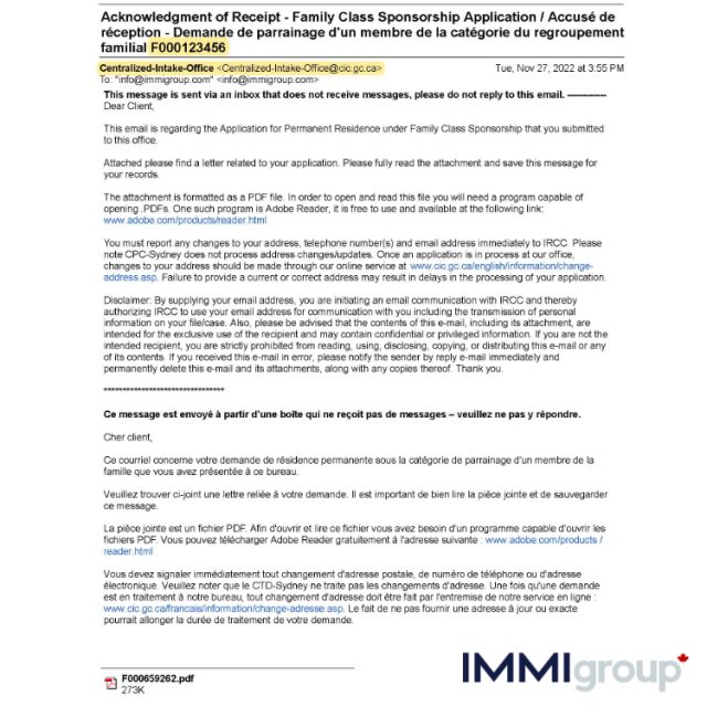 Acknowledgment of Receipt for Immigration (AOR)